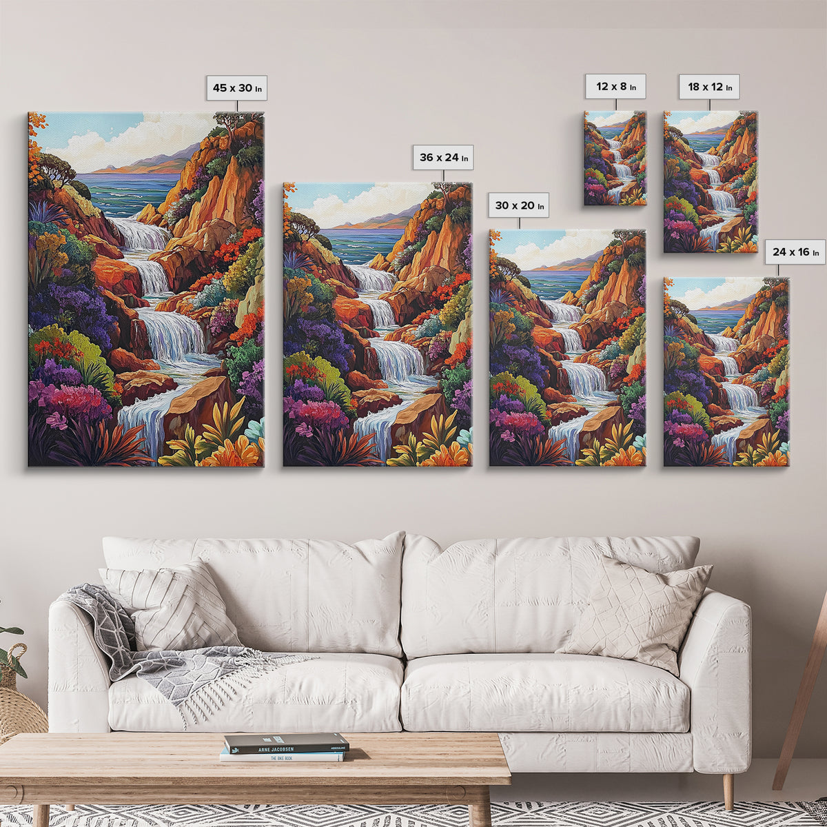 Cascading Falls, Ocean Cliffs, Tropical Flowers, Bold Nature, Framed Canvas Print, Living Room Wall Art, Maximalist Decor, Beach Art