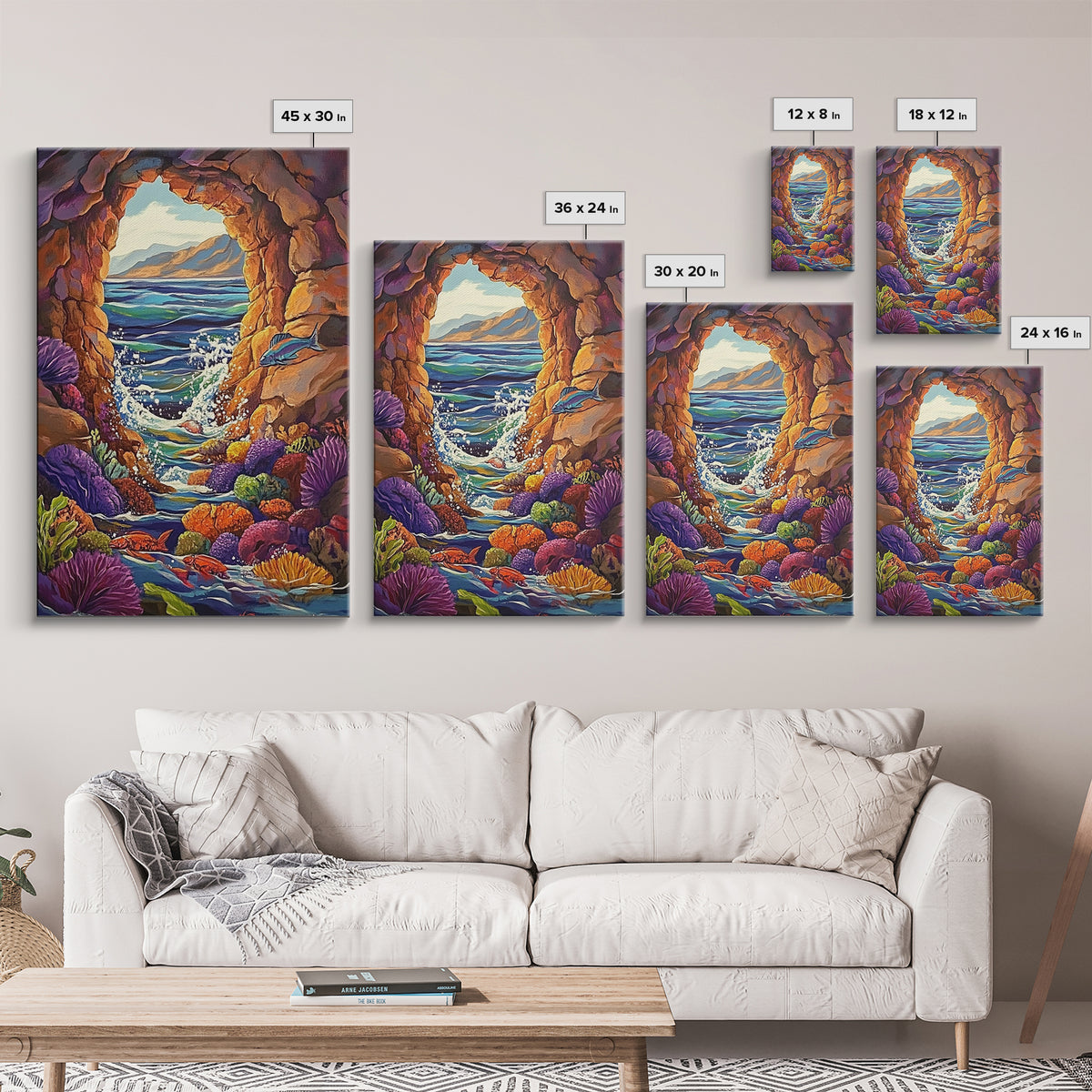 Ocean Cave Window, Underwater Scene, Marine Life, Coral Reef, Framed Canvas Print, Bathroom Wall Art, Coastal Decor, Nautical Art
