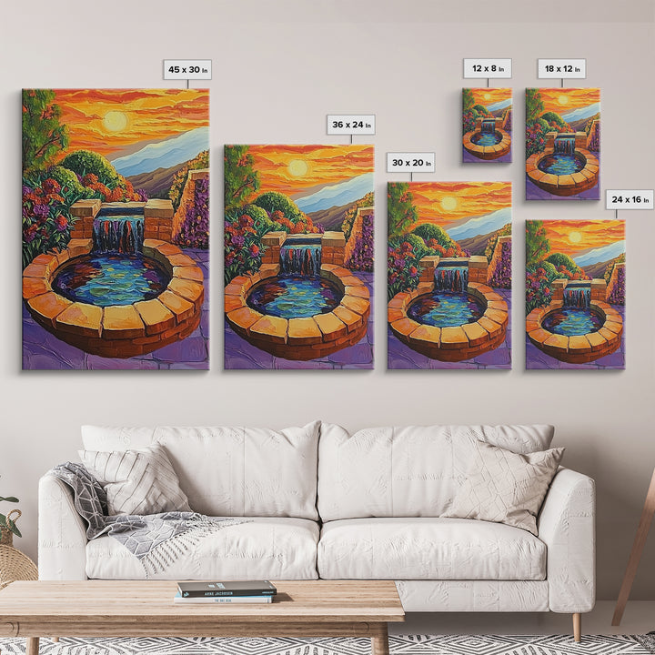 Brick Fountain Sunset, Peaceful Garden Oasis, Warm Tones, Autumn Wall Art, Framed Canvas Print, Serene Patio or Hallway Decor