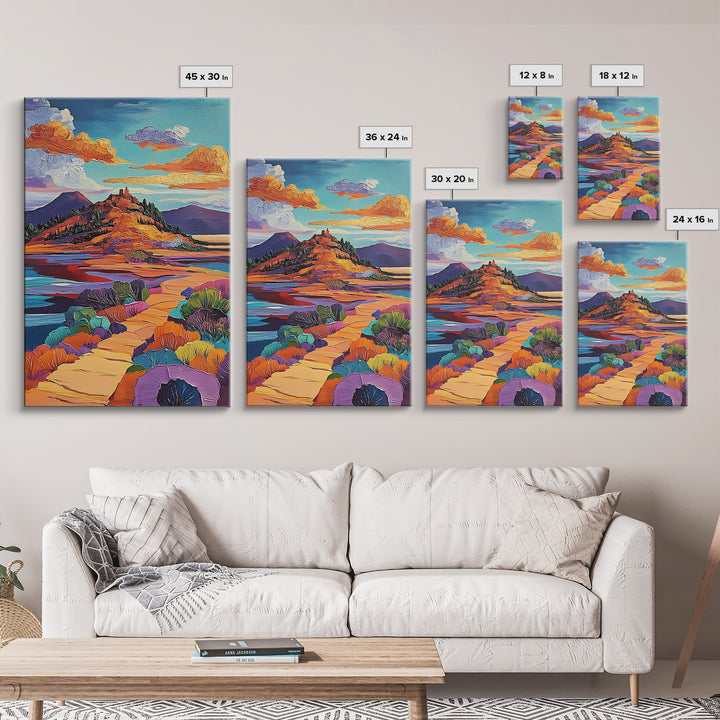 Desert Pathway Painting, Vibrant Mountain Scene, Colorful Earthy Art, Framed Canvas Print, Rustic Hallway Wall Art, Fall Colors