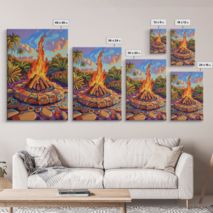 Campfire Palm Trees, Flame, Sunset, Framed Canvas Print tropical bonfire art, cozy fire pit painting, Fall decor, outdoor living room wall art