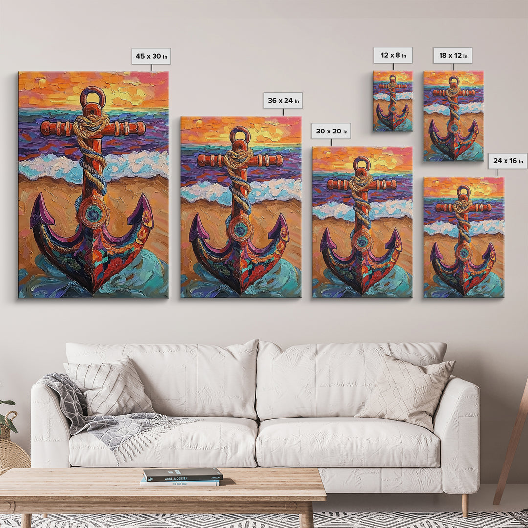 Nautical Anchor, Sunset, Coastal, Framed Canvas Print, ocean sunset art, beach house decor, rustic nautical theme, Living Room or Office