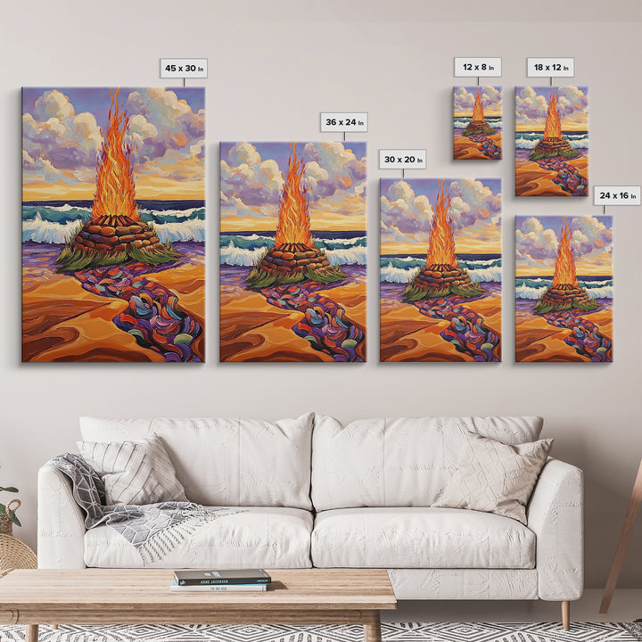 Bonfire Beach, Twilight, Ocean, Framed Canvas Print fire pit artwork, vibrant beach decor, ocean waves and flames, Fall living room wall art