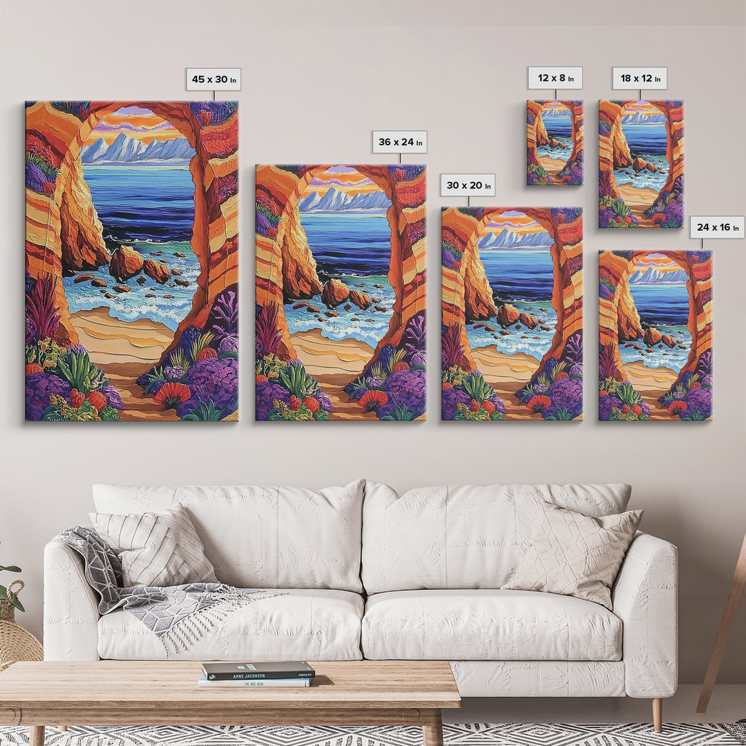 Coastal Archway, Ocean, Escape, Framed Canvas Print bold beach cave painting vivid seascape arch view boho tropical living room wall decor