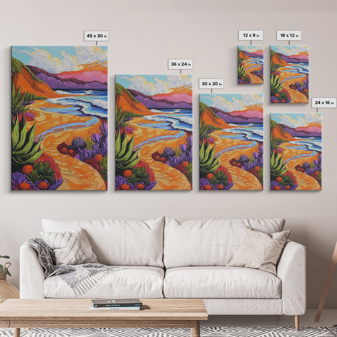 Beach Path, Sunset, Bliss, Canvas Print, tropical beach decor, bold wall art, coastal boho artwork, vibrant summer vibes, Bathroom or Hallway