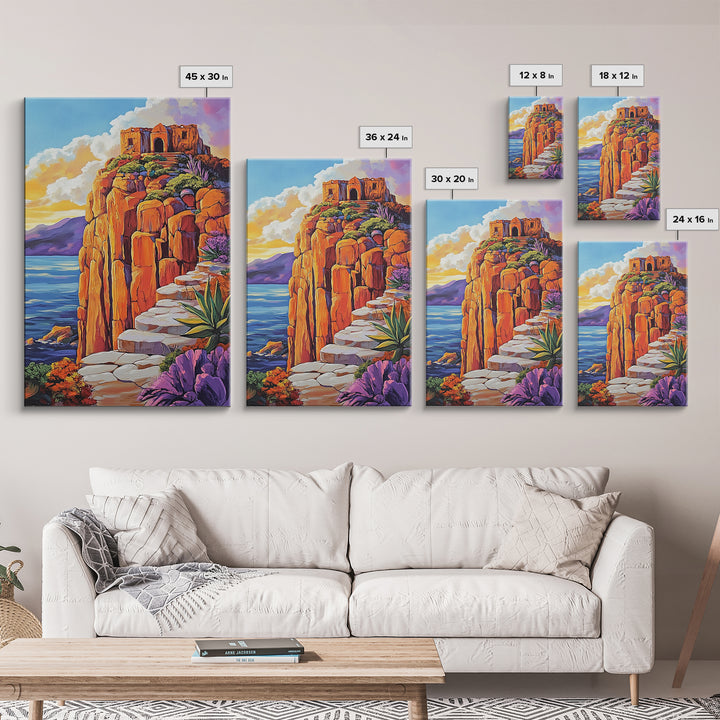 Cliffside Ruins, Ocean, Sunset Ancient Fortress Art, Framed Canvas Print, Dramatic Living Room Wall Decor, Southwest Adventure Style