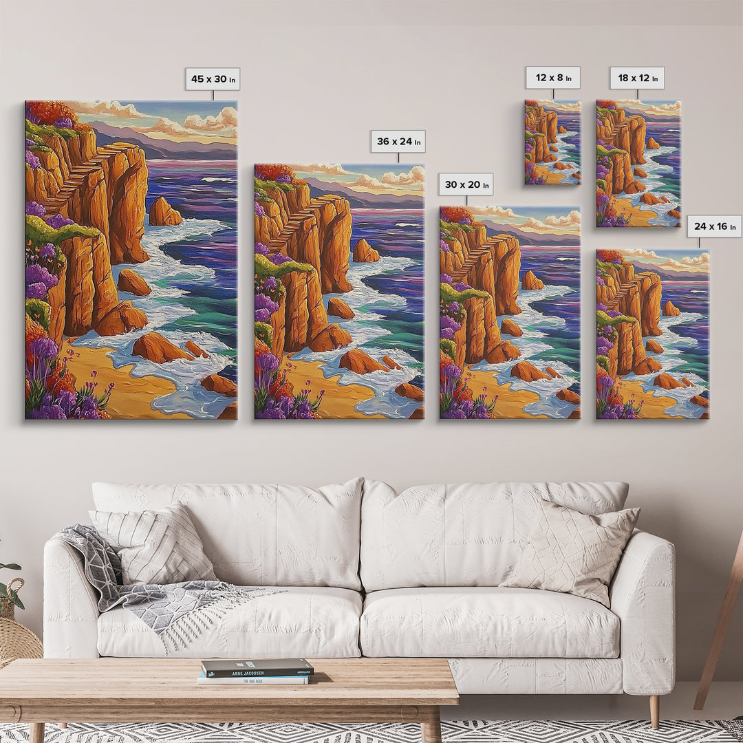 Ocean Cliffside, Path, Sunset, Canvas Print scenic ocean stairs artwork, coastal nature landscape print, Bedroom Wall Art, boho art