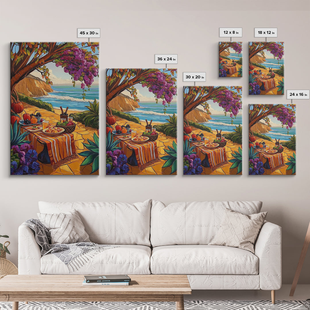 Picnic Beach, Fall Ocean, Framed Canvas Print cozy coastal picnic painting, fall harvest beachside art, Dining Room Wall Art, rustic art