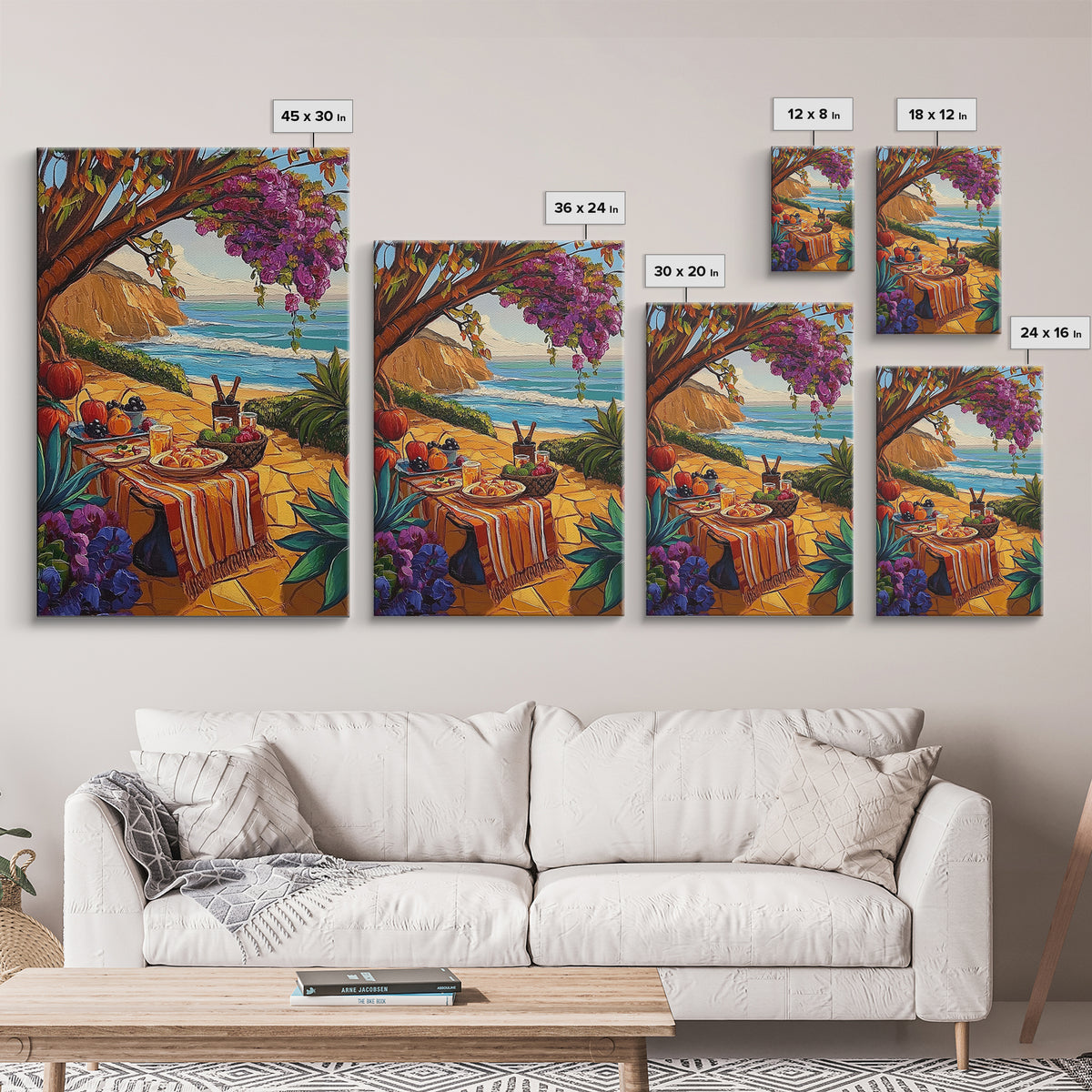 Picnic Beach, Fall Ocean, Framed Canvas Print cozy coastal picnic painting, fall harvest beachside art, Dining Room Wall Art, rustic art