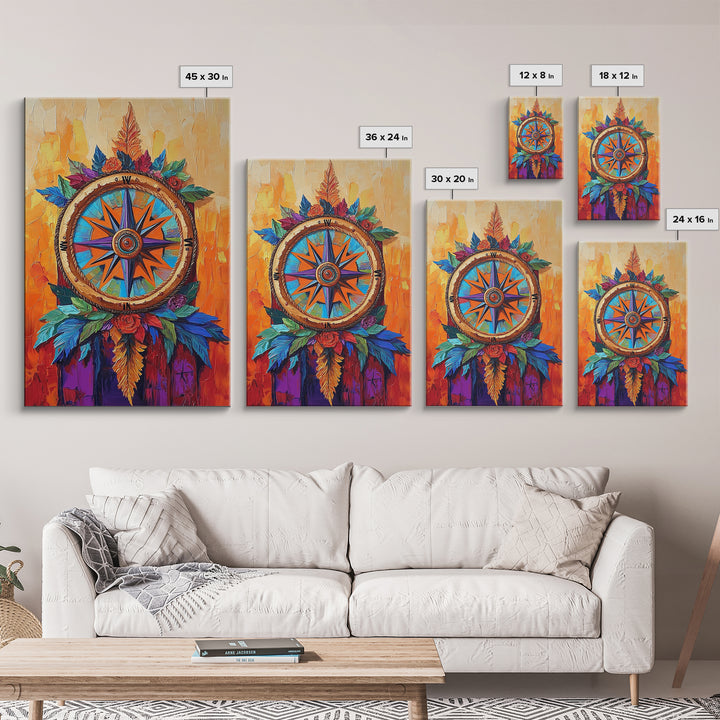 Compass, Rustic, Floral, Wall, Framed Canvas Print, Boho compass rose art with flowers, ideal bohemian home decor or entryway statement art