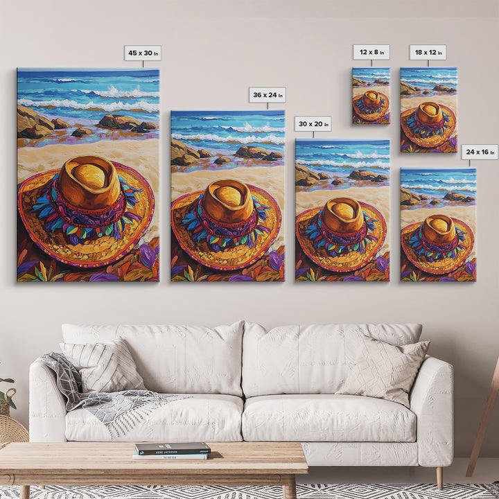 Beach, Hat, Summer, Coastal, Canvas Print, Summer beach scene with festive sombrero, great coastal kitchen or vacation home wall art
