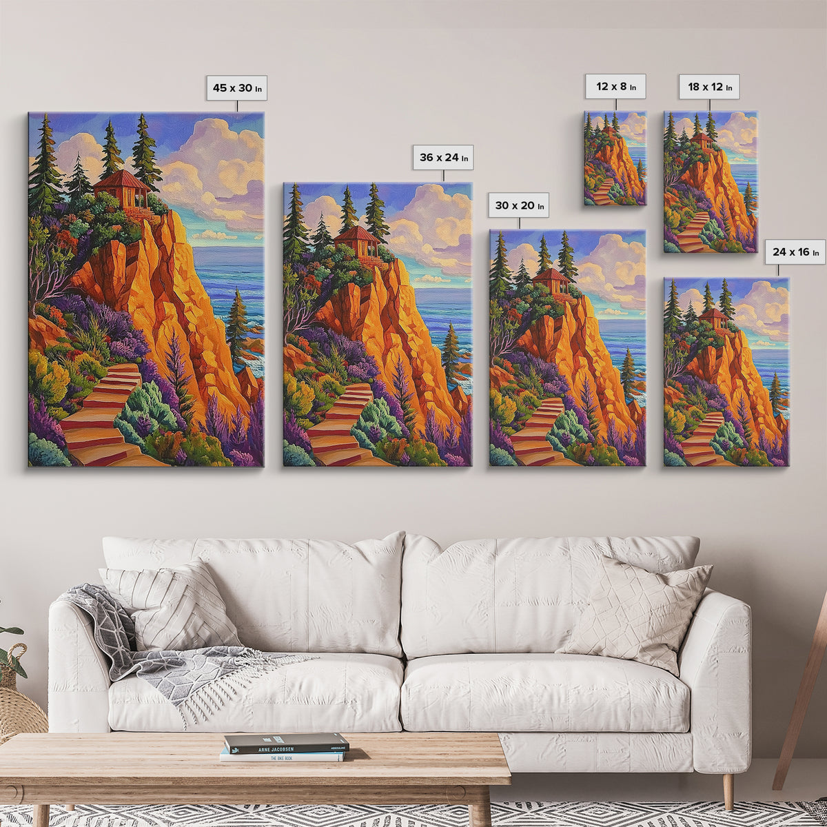 Cliff Cabin, Ocean, Trees, Framed Canvas Print, Seaside cabin on cliff with vivid trees and ocean view, rustic fall living room wall art