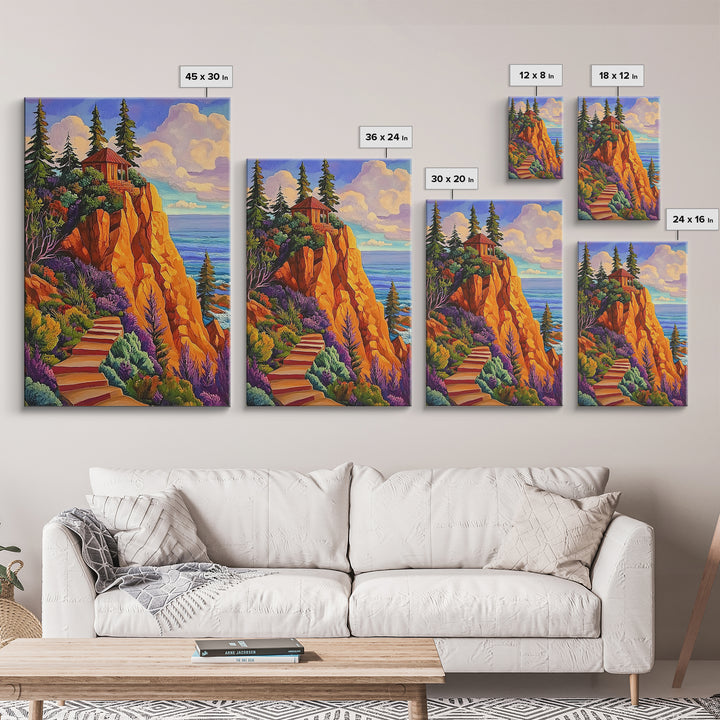 Cliff Cabin, Ocean, Trees, Framed Canvas Print, Seaside cabin on cliff with vivid trees and ocean view, rustic fall living room wall art