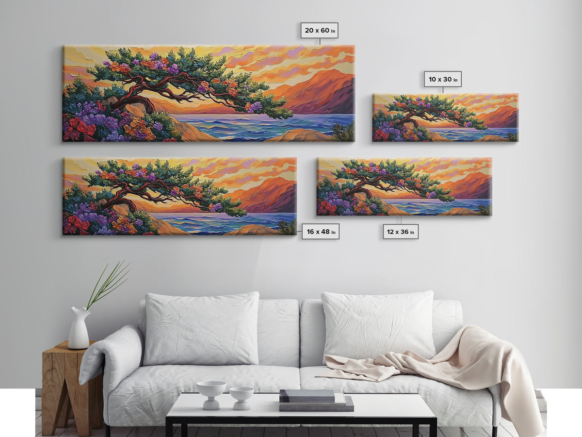Coastal Tree, Sunset Glow, Flowering Branches, Ocean Horizon, Canvas Print, Bedroom Wall Art, Tranquil Nature Scene, Vibrant Landscape