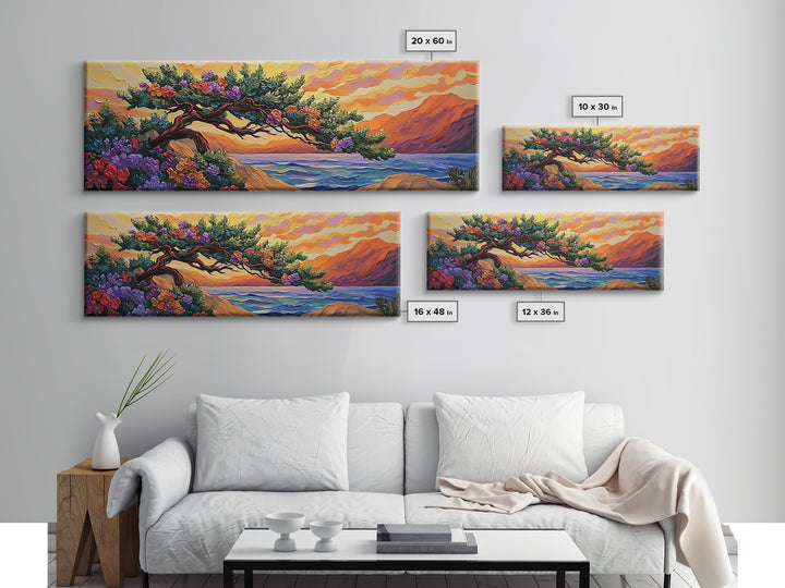 Coastal Tree, Sunset Glow, Flowering Branches, Ocean Horizon, Canvas Print, Bedroom Wall Art, Tranquil Nature Scene, Vibrant Landscape