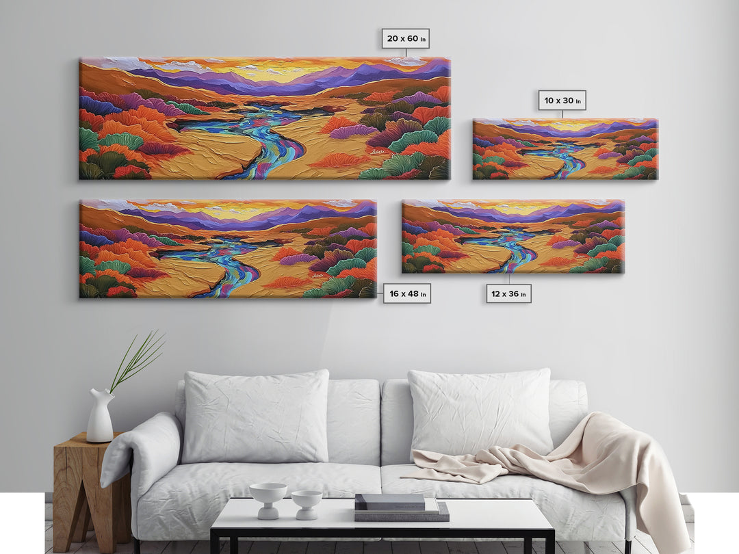 Desert River Sunset, Bold Nature Painting, Vibrant Landscape, Fall Wall Decor, Earthy Living Room Framed Canvas Print, Beach House Wall Art