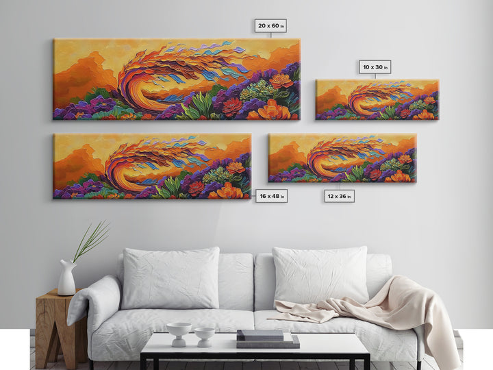 Abstract Wave, Fiery Floral Splash, Boho Landscape Art, Framed Canvas Print, Bold Living Room Statement Wall Decor