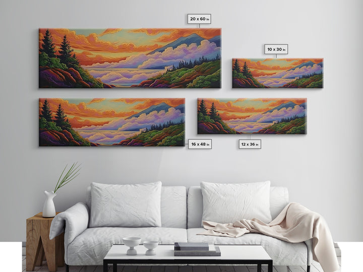 Cloudy Mountains, Sunset Glow, Forest Horizon, Tranquil Vibes, Framed Canvas Print, peaceful landscape, bedroom wall art