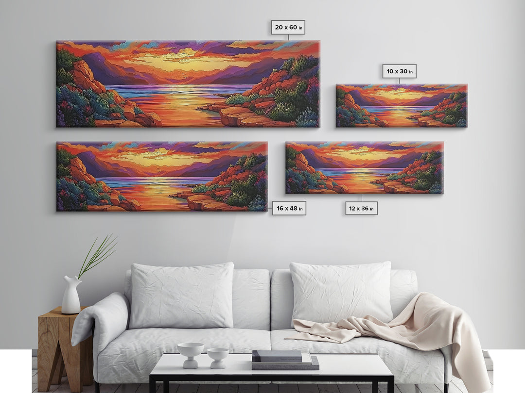 Rocky Sunset, Tranquil Cove, Mountain Glow, Ocean Calm, Framed Canvas Print, vivid sunset art, nature escape, living room decor