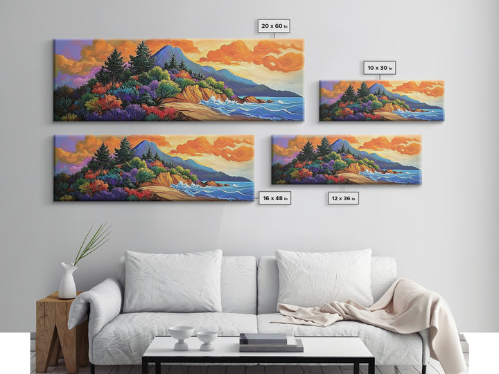 Coastal Forest, Sunset Beach, Lush Pines, Mountain Glow, Framed Canvas Print, outdoor art, nature landscape, hallway decor