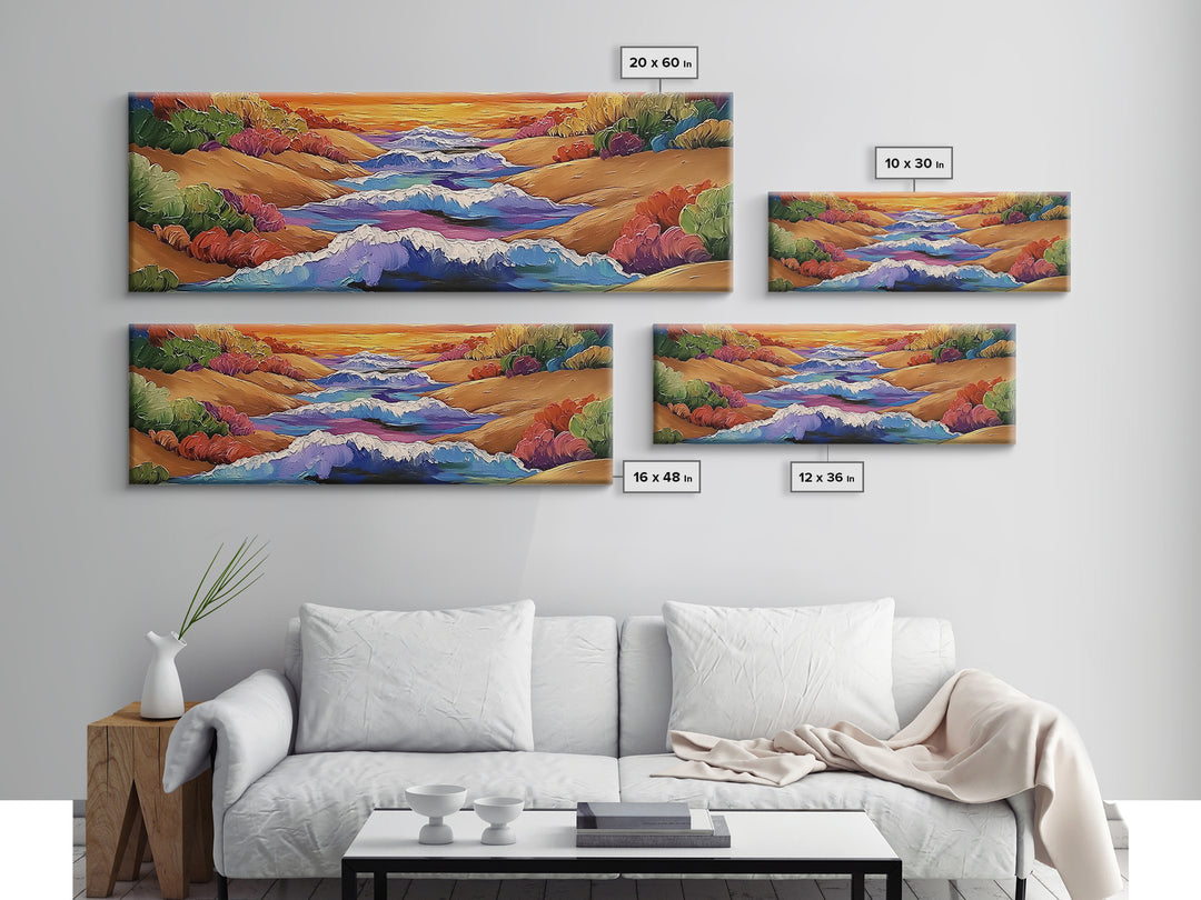 Rolling Waves, Ocean Energy, Sunset Coastline, Canvas Print, coastal living room decor, vivid surf art, bold beach vibe painting