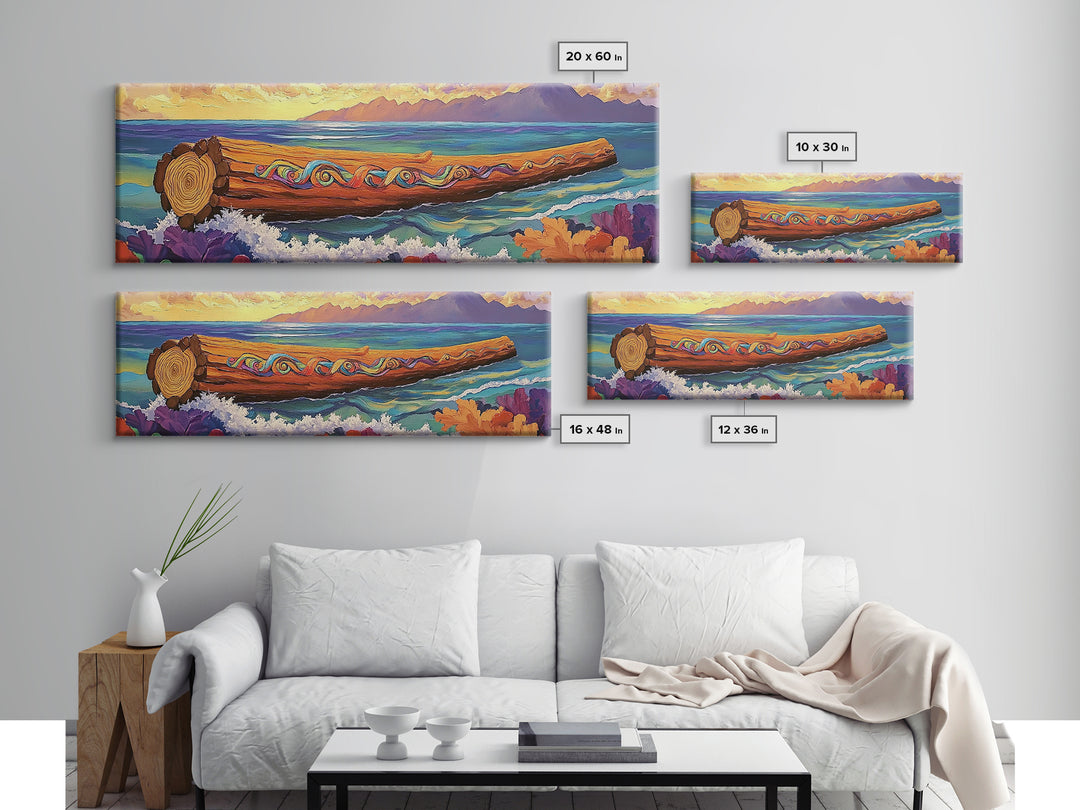Ocean Driftwood Painting, Coastal Log Art, Vibrant Nautical Wall Scene, Framed Canvas Print, Beach House Decor, Living Room Art