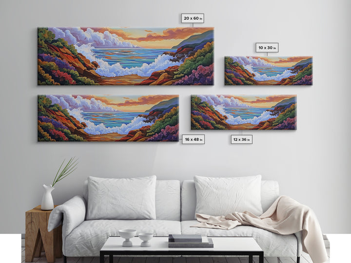 Crashing Waves Painting, Rocky Shoreline View, Sunset Coastal Landscape, Framed Canvas Print, Nautical Art, Living Room Decor