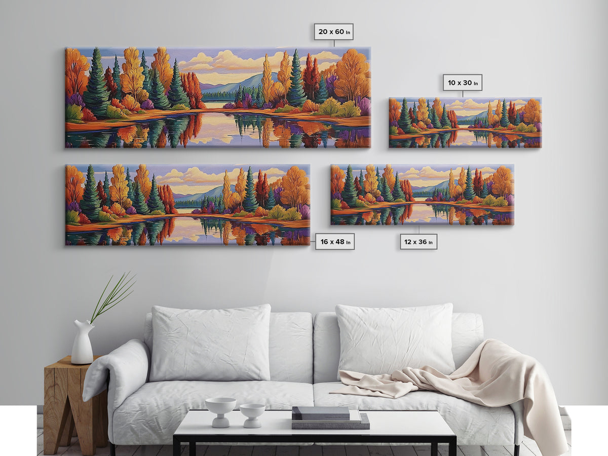 Autumn Reflections Painting, Lakeside Forest Landscape, Fall Color Trees, Framed Canvas Print, Cabin Wall Art, Cozy Living Room