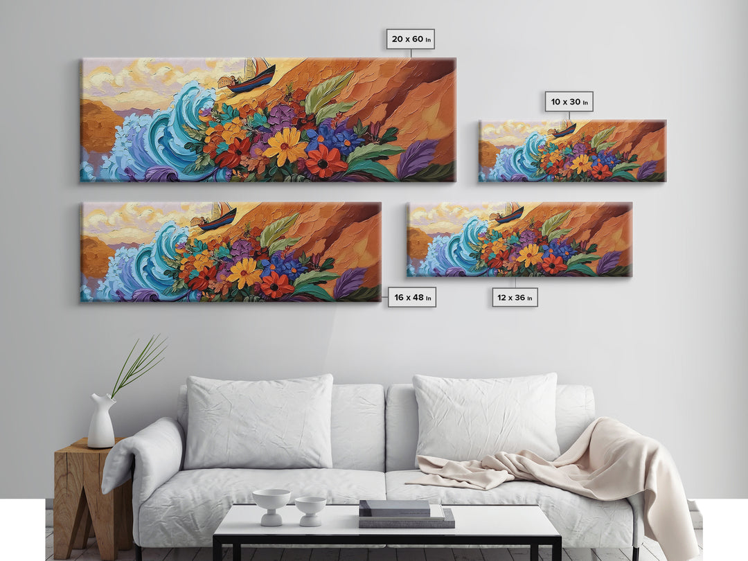 Wave and Flowers Painting, Sailboat Seaside Scene, Bold Floral Coastline Art, Framed Canvas Print, Bathroom Wall Art, Eclectic Art
