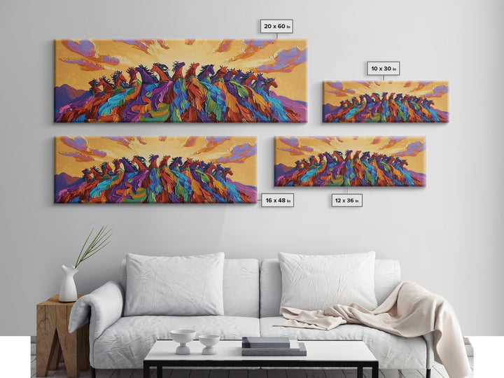 Running Wild Horses, Abstract Herd Scene, Sunset Equine Painting, Framed Canvas Print, Western Bedroom Wall Art, Living Room Decor