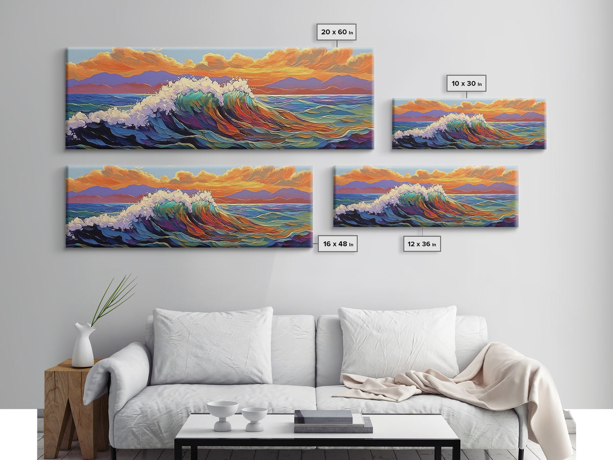 Ocean Wave Sunset, Vibrant Seascape Painting, Tropical Horizon Scene, Framed Canvas Print, Coastal Wall Art, Nautical Decor
