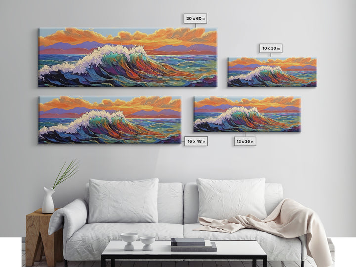Ocean Wave Sunset, Vibrant Seascape Painting, Tropical Horizon Scene, Framed Canvas Print, Coastal Wall Art, Nautical Decor