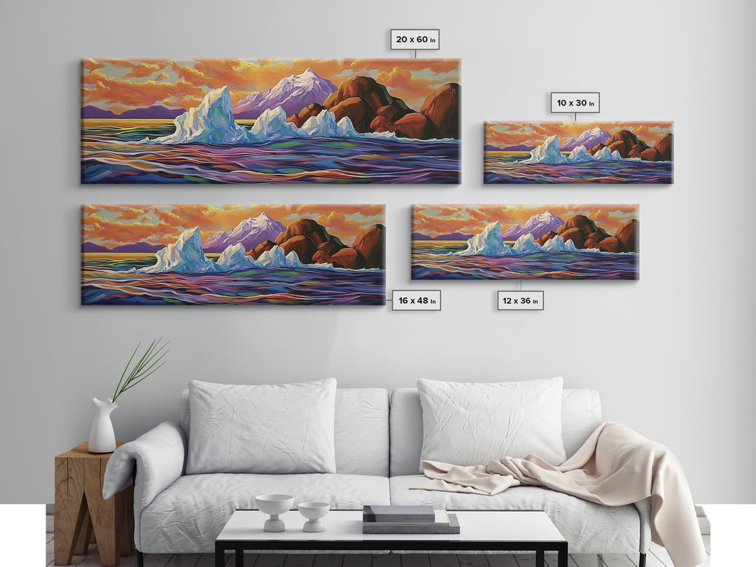 Iceberg Ocean Scene, Arctic Sunset Painting, Majestic Ice Waterscape, Framed Canvas Print, Coastal Wall Art, Winter Home Decor