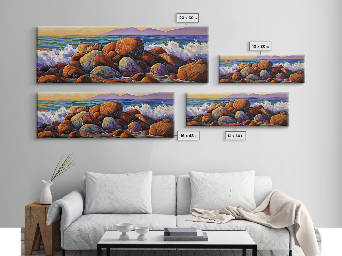Coastal Boulders, Wave Crash, Ocean Energy, Framed Canvas Print, Beach House Wall Art, Seascape Painting, Coastal Decor, Nature Vibes