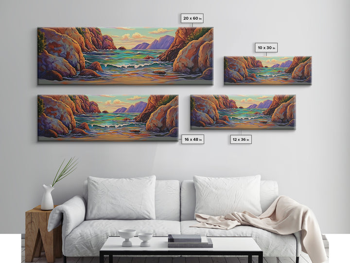 Rocky Cove, Sunset Ocean, Wave Art, Coastal View, Framed Canvas Print, Bathroom Wall Art, Earth Tones, Seascape Canvas Decor