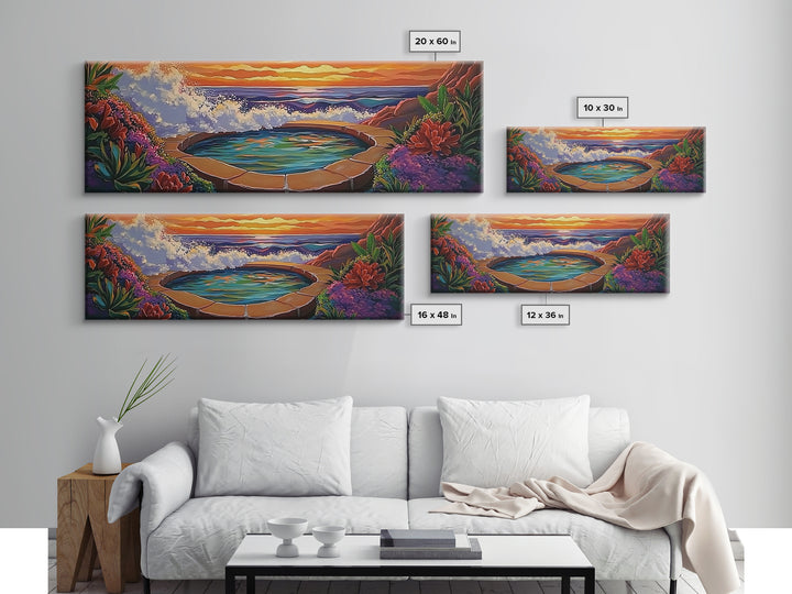 Ocean Hot Spring, Tropical Spa Scene, Sunset Serenity, Coastal Zen, Framed Canvas Print, Relaxation Art, Bohemian Wall Art
