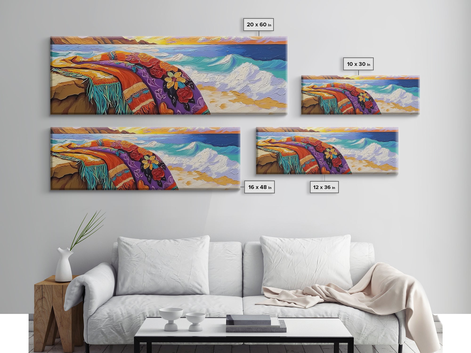 Ocean Blanket Painting, Sunset Coastline Scene, Canvas Print, Coastal Boho Wall Art, Bedroom or Beach House Decor