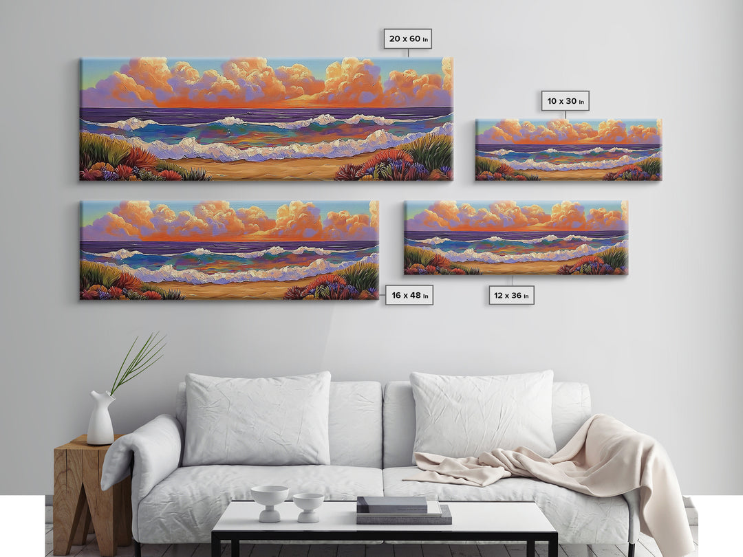Beach Sunset, Gentle Waves, Cotton Clouds, Summer Calm, Framed Canvas Print, Coastal Wall Art, Soft Pastel Ocean Landscape