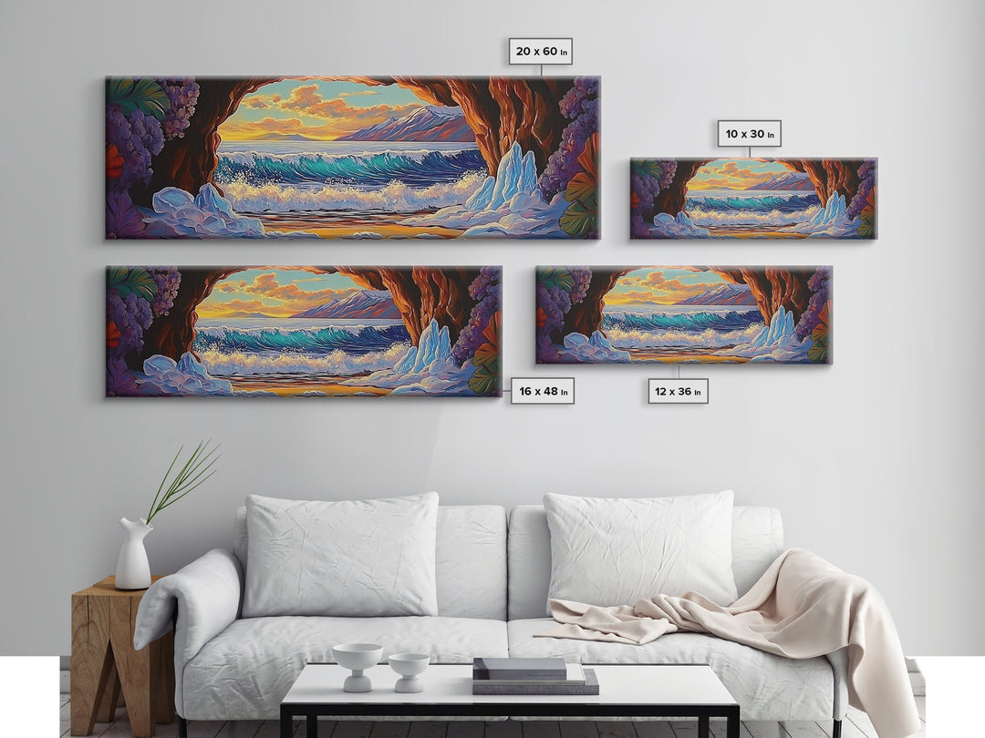 Arctic Ocean Cave, Winter Seascape, Vibrant Ice Waves, Framed Canvas Print, Seasonal Wall Art, Coastal Fantasy Decor