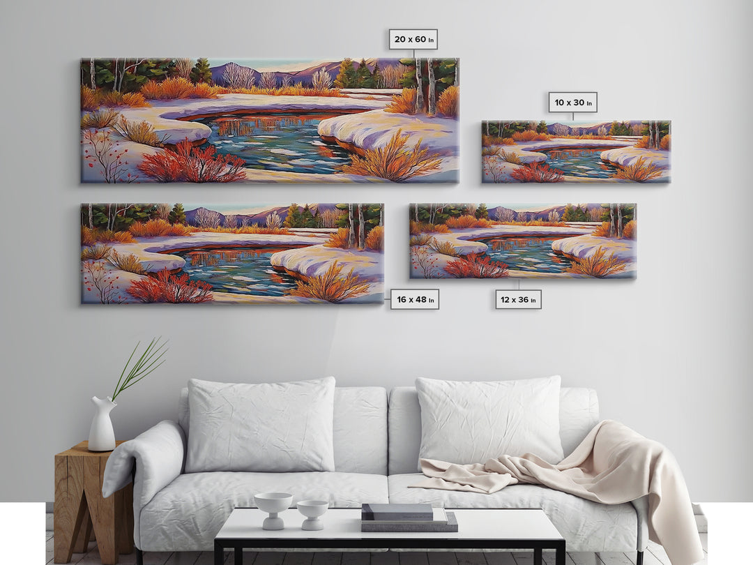 Snowy Mountain Pond, Winter Forest Stream, Sunset Reflection, Canvas Print, Rustic Cabin Wall Art, Nature Landscape Art
