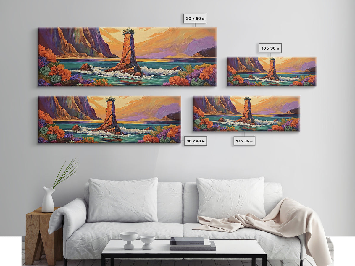 Ocean Rock Island, Sunset Coastline, Floral Foreground, Canvas Print, Living Room Wall Art, Mystical Nature Landscape