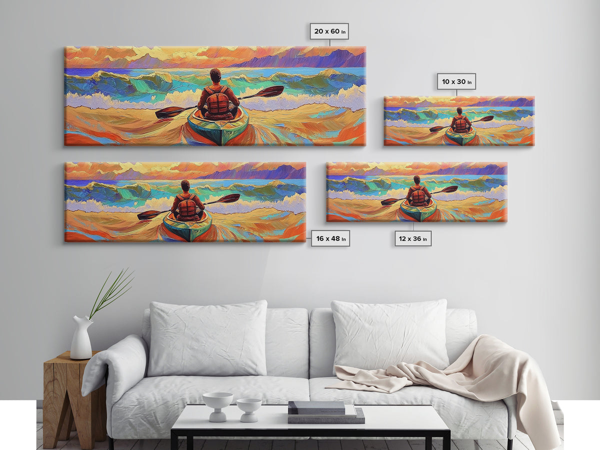 Ocean Kayaker, Waves Sunset, Adventure Spirit, Beach Home Accent, Framed Canvas Print, Coastal Wall Art, Colorful Outdoor Art