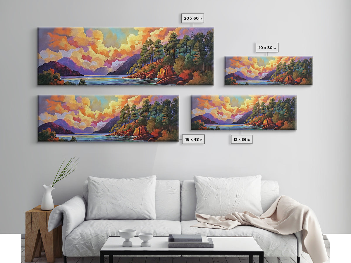 Mountain Trees, Lake Sunset, Nature Glow, Autumn Landscape, Canvas Print, Cabin Decor, Rustic Wall Art, Forest Escape