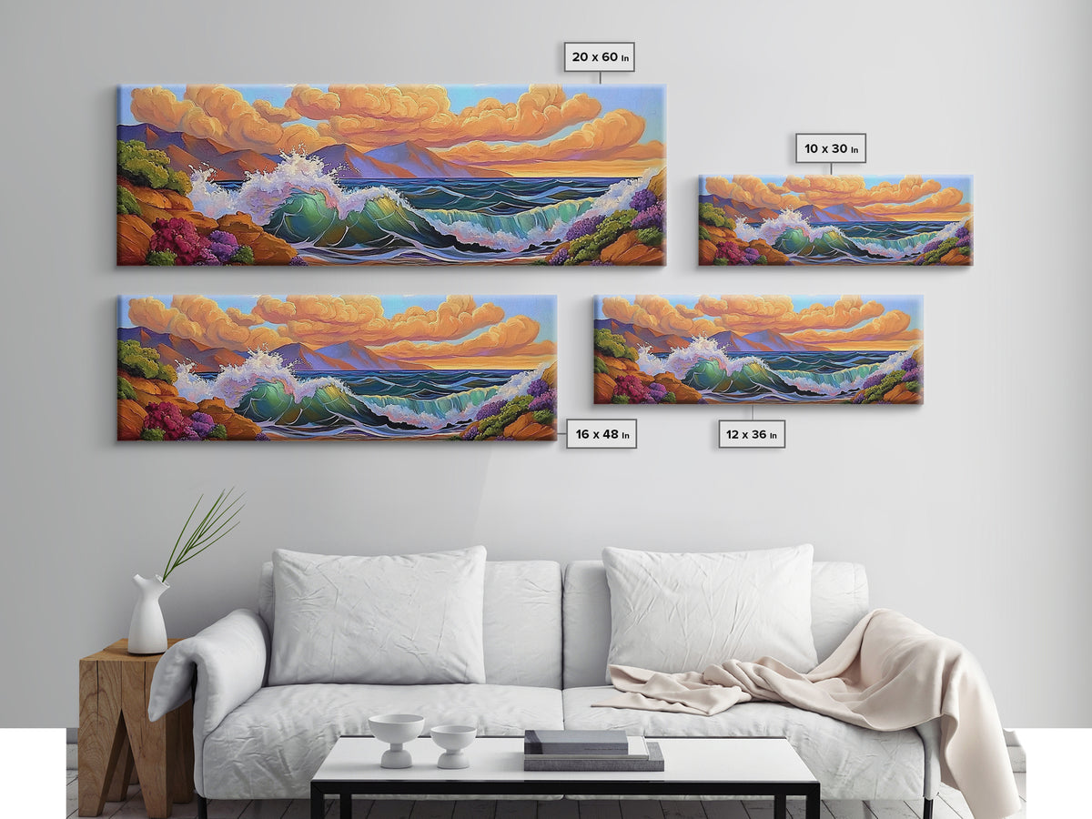 Coastal Surf, Sunset Clouds, Tropical Vibes, Ocean Wave Art, Framed Canvas Print, Beach House Decor, Seaside Living Room Art