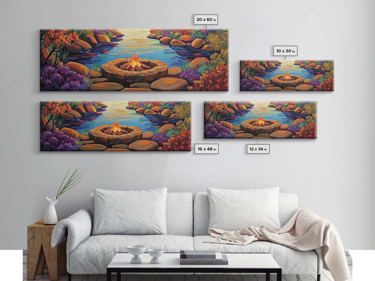 Campfire by River, Autumn Glow, Cozy Outdoor Scene, Framed Canvas Print, fall landscape, rustic decor, lodge wall art, den artwork