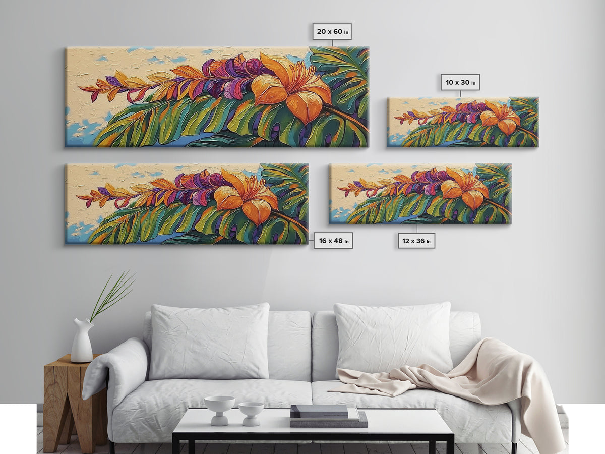 Tropical Leaves, Bold Floral, Exotic Bloom, Modern Art, Framed Canvas Print, boho jungle decor, bedroom wall art, tropical artwork