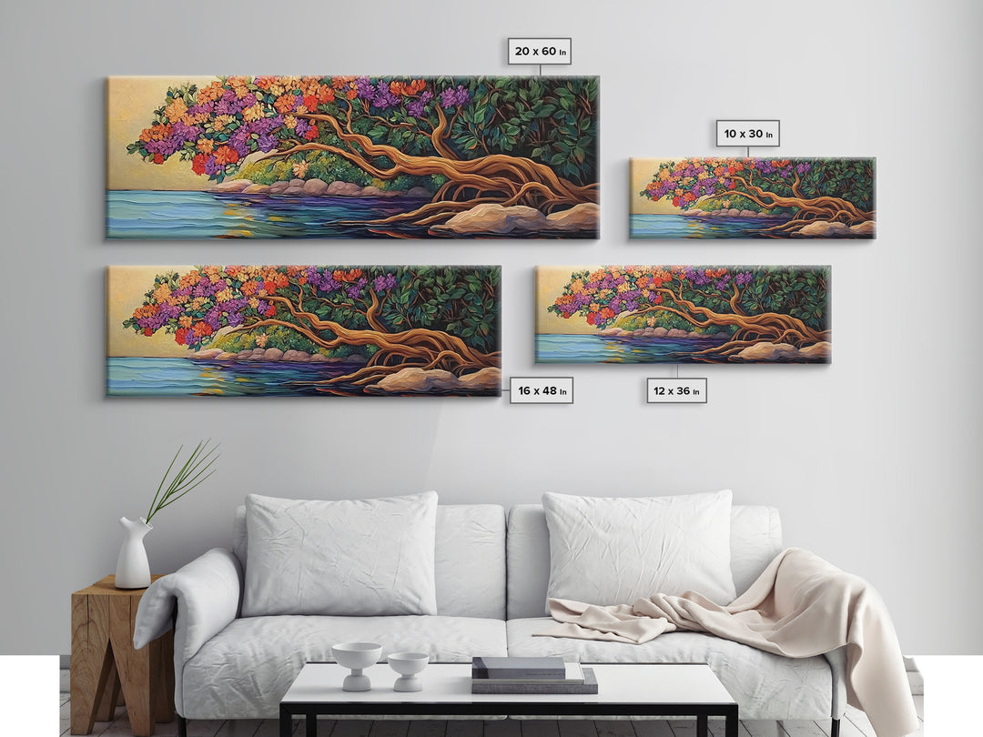 Blooming Tree, Ocean Shore, Tranquil Scene, Curved Branches, Framed Canvas Print, bedroom art, whimsical landscape, botanical wall piece