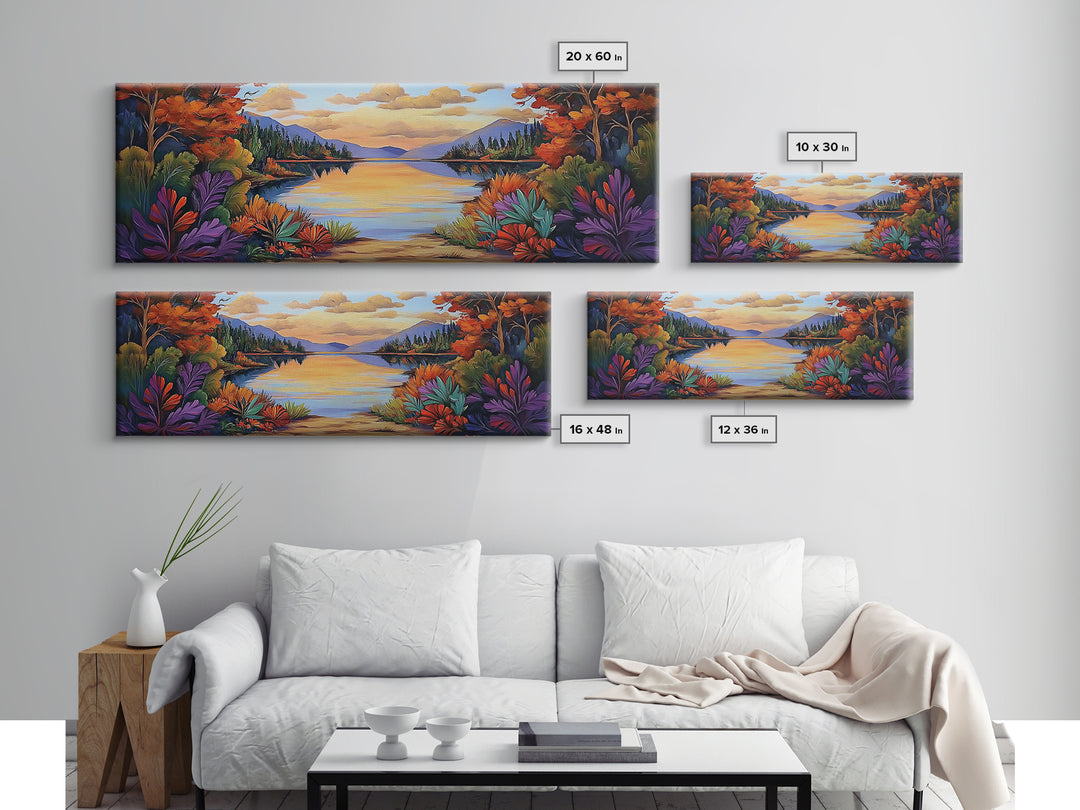 Autumn Lake Reflection, Tranquil Nature Painting, Fall Forest Sunset, Framed Canvas Print, Cozy Living Room or Cabin Wall Decor