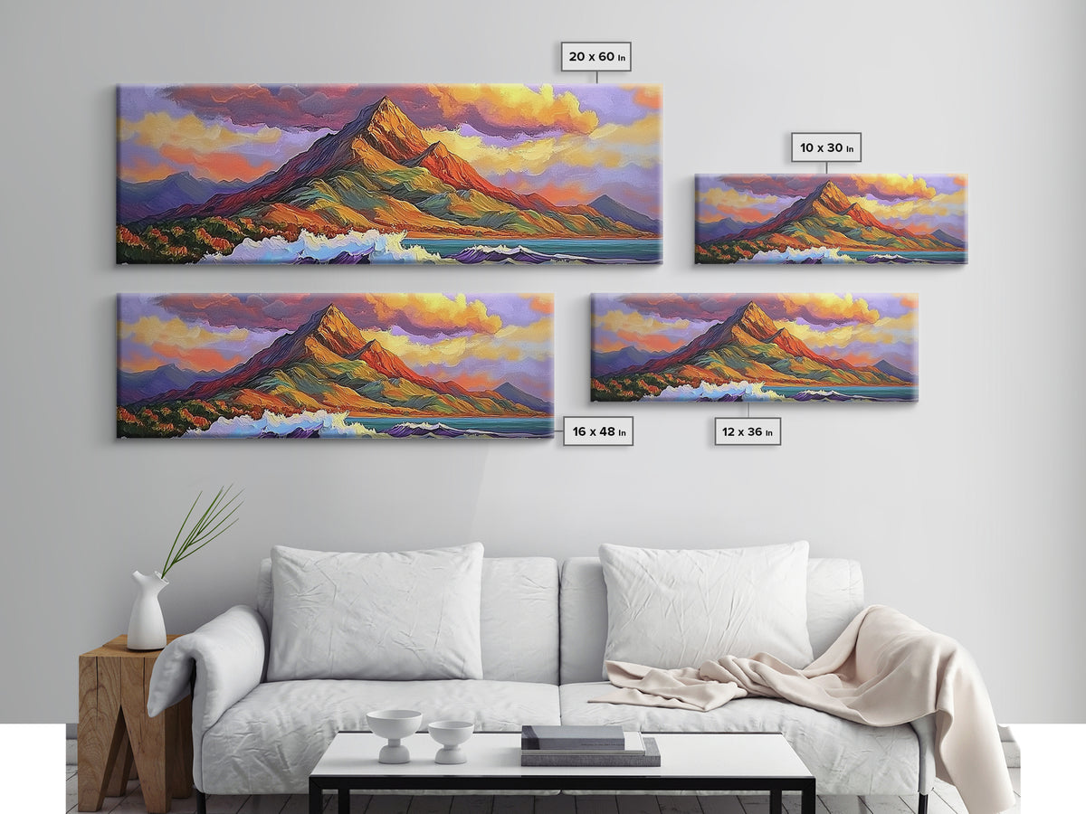 Mountain Wave Scene, Sunset Coastal Painting, Dramatic Landscape Art, Framed Canvas Print, Adventure Office or Living Room Wall Art