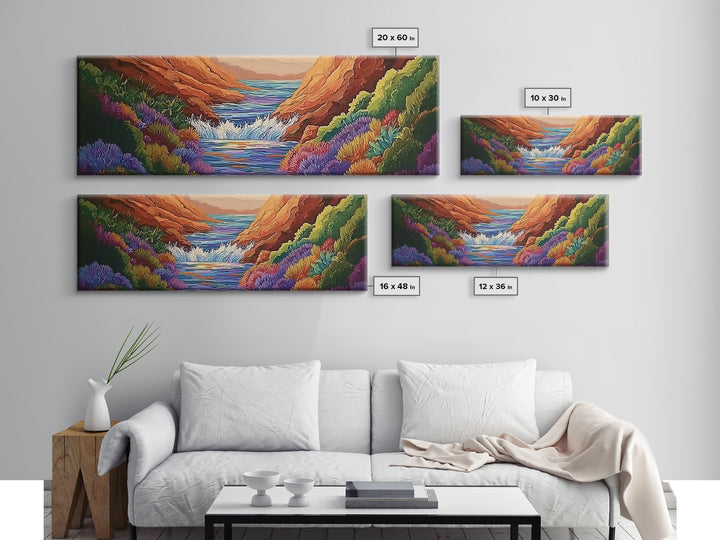 Canyon Stream Bloom, Colorful Desert River Scene, Vibrant Nature Painting, Framed Canvas Print, Southwest Living Room or Office Art